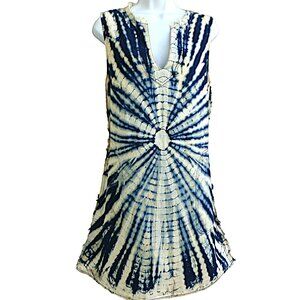 Raquel Allegra Tie Dye Denim Dress Pockets Frayed Trim Sleeveless Hand Crafted 1